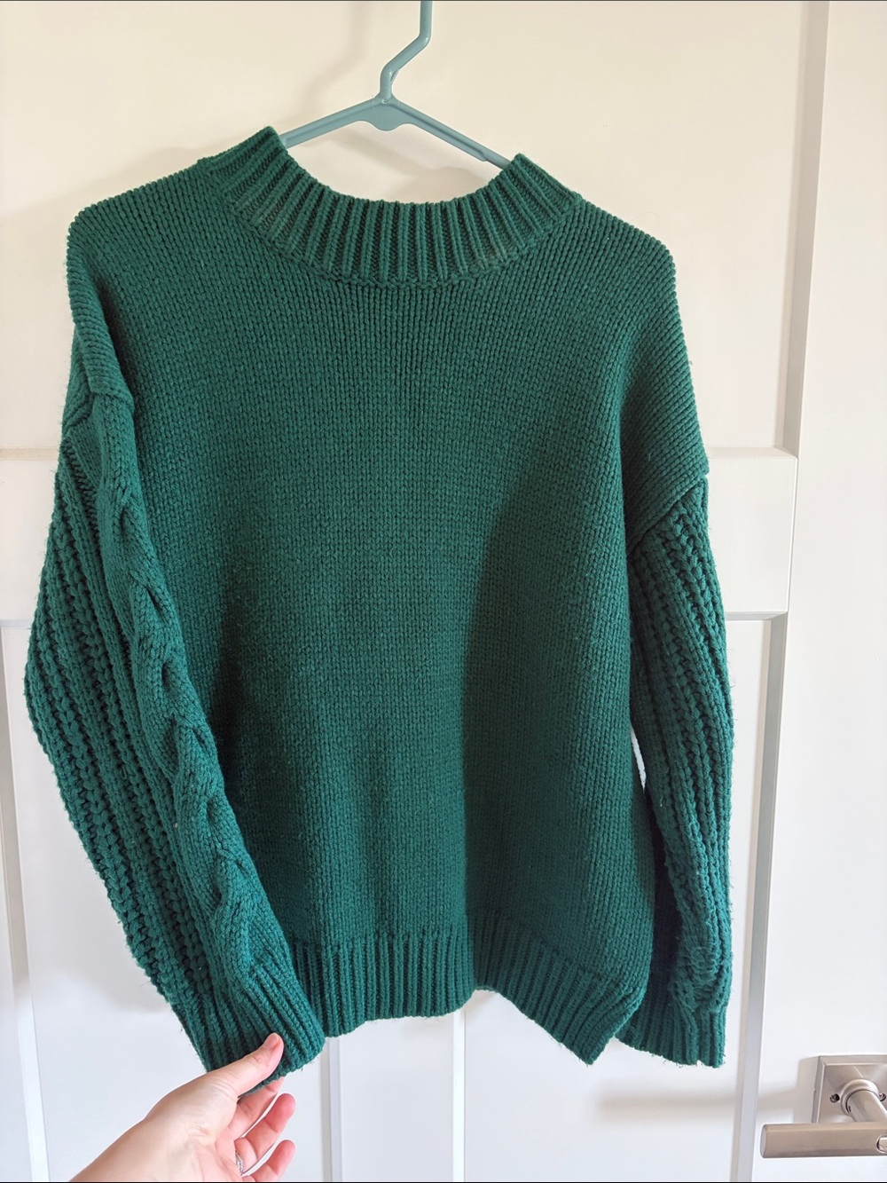 Roolee Emerald Green Cable Sleeve Crewneck Sweater